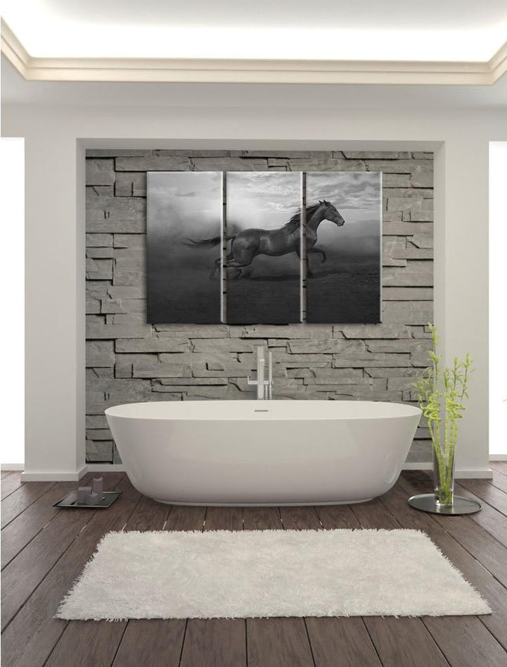 Pixxprint Rennendes Wildpferd Schwarz/Weiss 3-Teiler Leinwandbild 120x80 Bild auf Leinwand