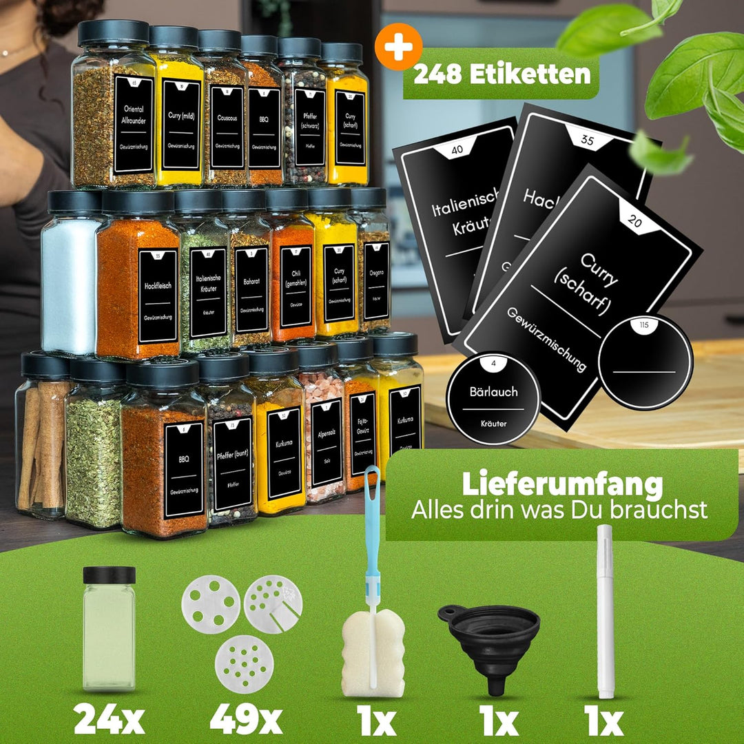 CLIDOR Gewürzgläser eckig [24 x 125ml], Luftdichte Gewürzgläser mit Streueinsatz + 248 wasserfeste G