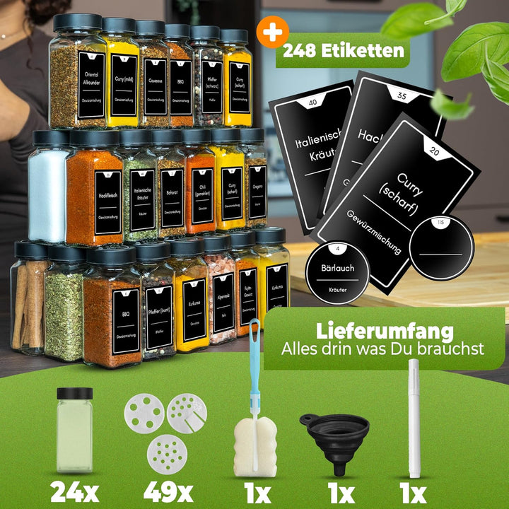 CLIDOR Gewürzgläser eckig [24 x 125ml], Luftdichte Gewürzgläser mit Streueinsatz + 248 wasserfeste G