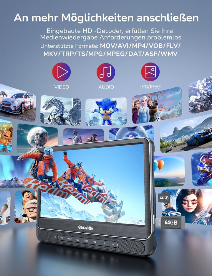 GOnavidio 12" DVD Player Auto 2 Bildschirme, Wiederaufladbar Kopfstütze für Auto mit 1080P HDMI-Eing