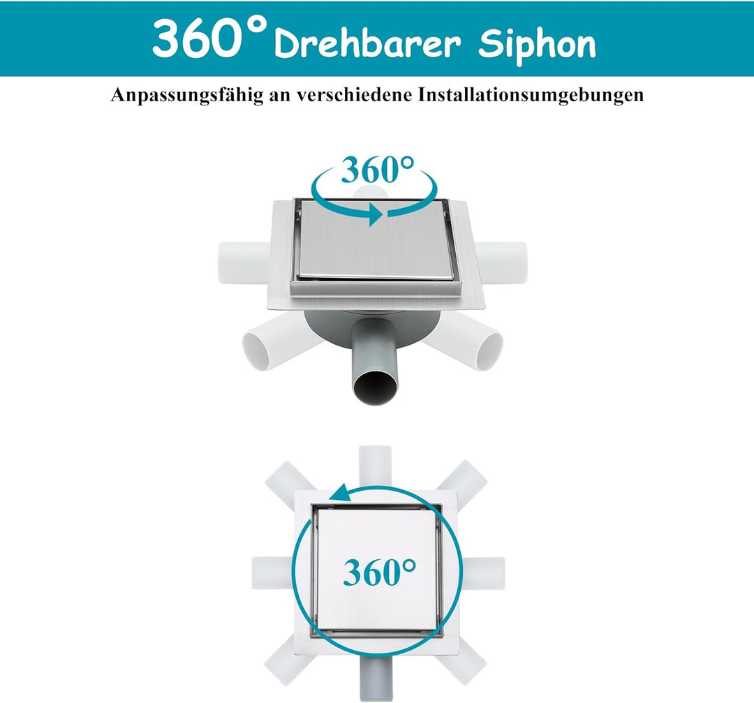 150 x 150 mm Duschrinne Quadratisch Edelstahl Bodenablauf mit 360° Siphon Geruchsstop, Haarfilter 2