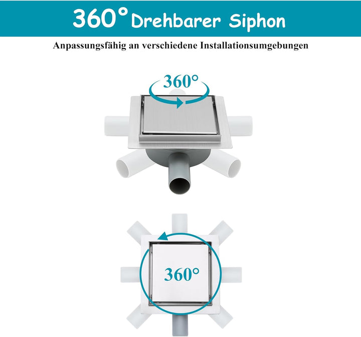 150 x 150 mm Duschrinne Quadratisch Edelstahl Bodenablauf mit 360° Siphon Geruchsstop, Haarfilter 2