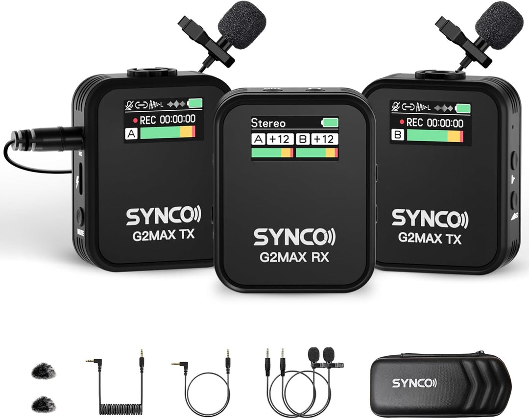 SYNCO Wireless Lavalier Mikrofon, G2(A2) MAX 2.4G Dual Transmitter 24 Stunden Aufnahme 492FT für Vlo