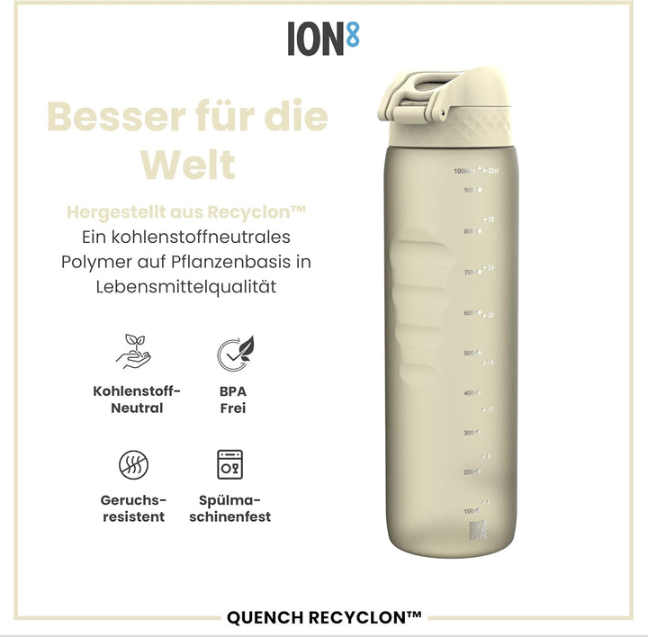 ion8 1 Liter Trinkflasche, 1000ml, Auslaufsicher, Einhandöffnung, Sichere Verriegelung, Spülmaschine