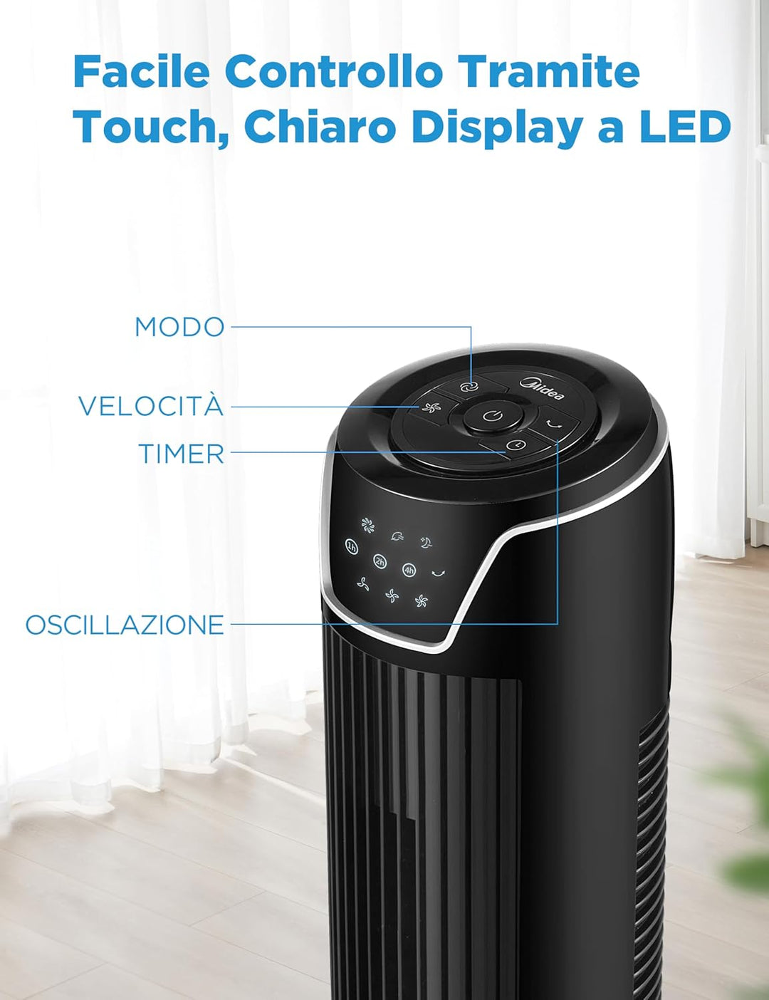 Midea FZ10-17JR Turmventilator mit Fernbedienung Timer 7 Stunden, 3 Modi, 3 Geschwindigkeiten, 45 W,