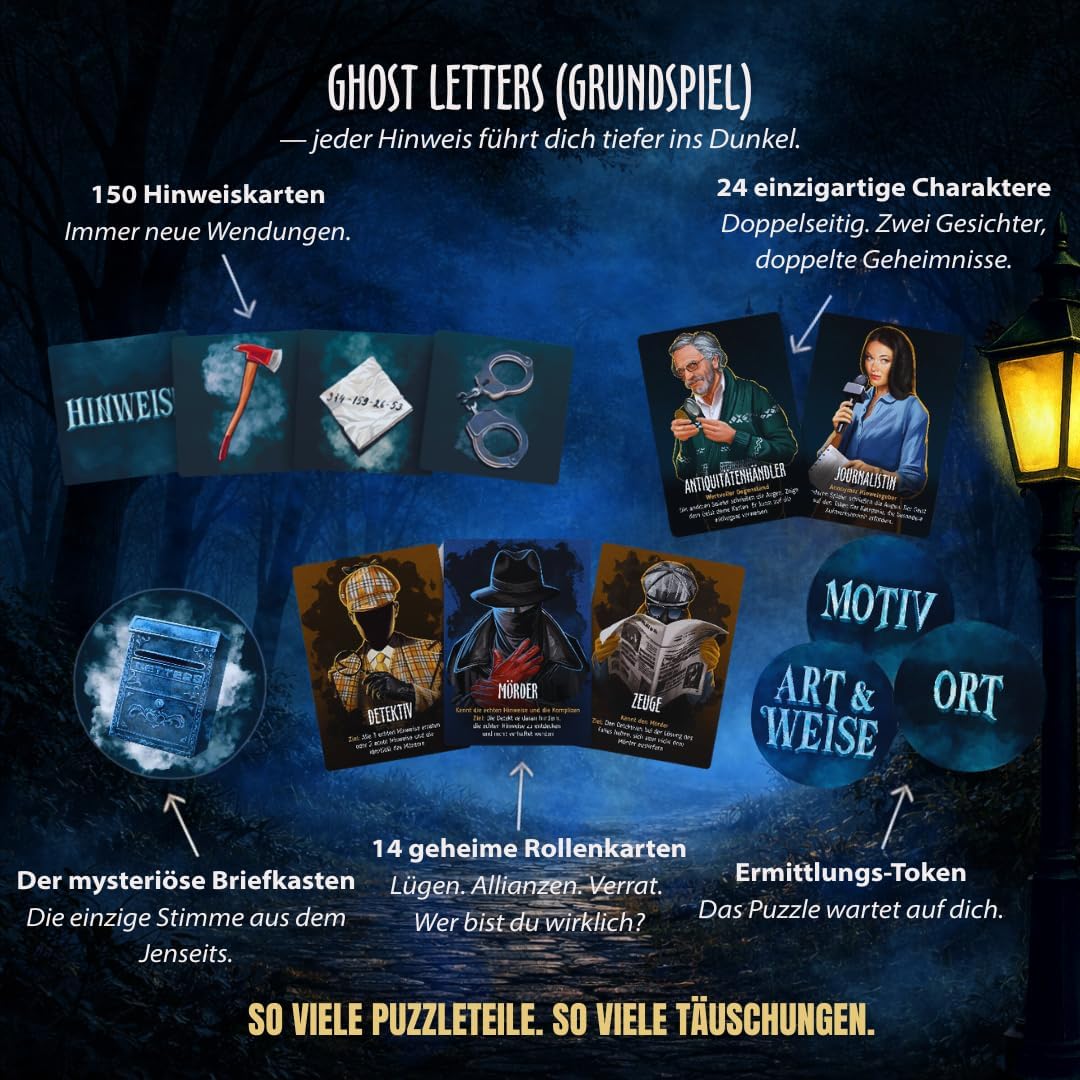 BORGOS Ghost Letters – Murder Mystery Detektivspiel mit geheimen Rollen | Gesellschaftsspiel | Krimi
