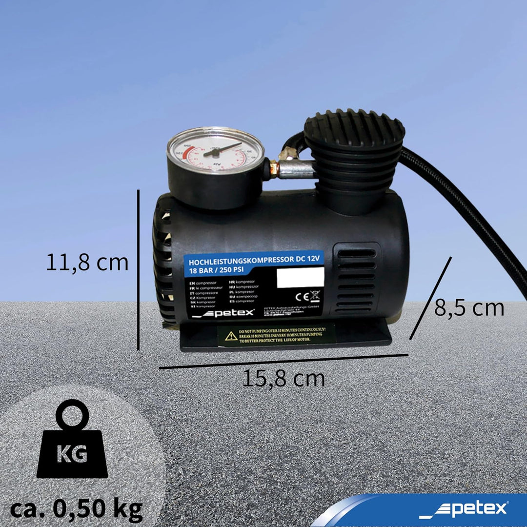 PETEX 445100 Reifenpannenset inklusive Luftkompressor 12V, 18 bar, inklusive 3-Teilig Adapterset und