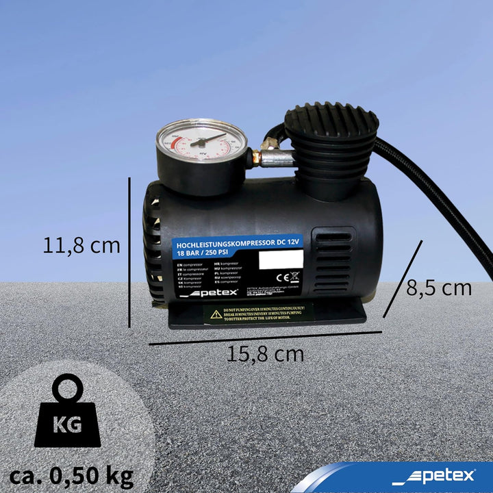 PETEX 445100 Reifenpannenset inklusive Luftkompressor 12V, 18 bar, inklusive 3-Teilig Adapterset und