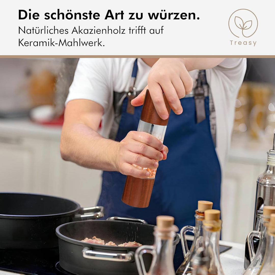 Treasy Salz- und Pfeffermühlen Set aus Holz – 2er Set Gewürzmühlen mit Keramikmahlwerk, einstellbare