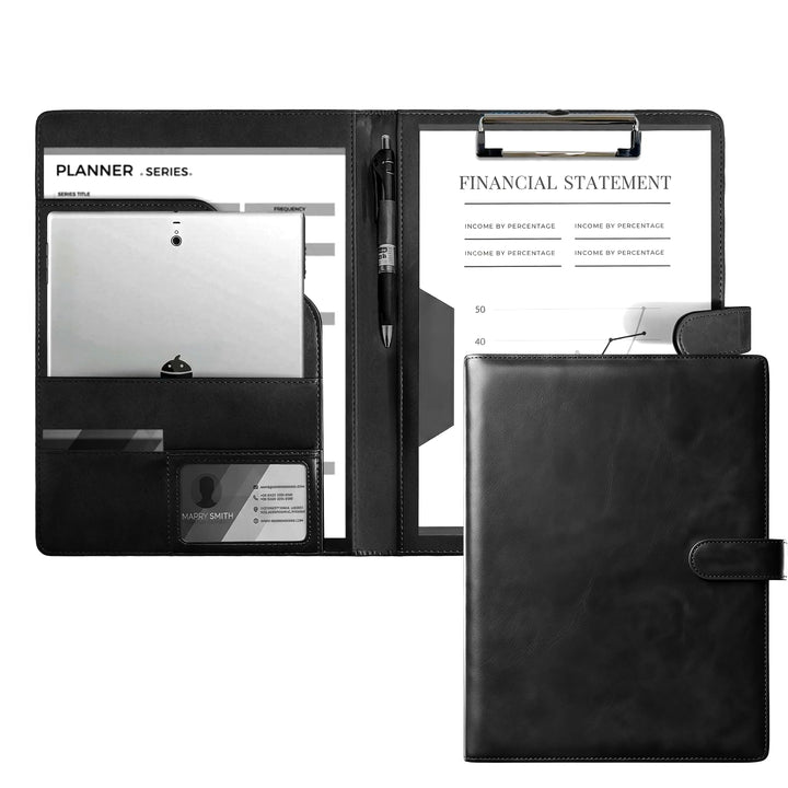 Klemmbrettmappe A4 aus PU-Leder, Magnetische & Faltbare Clipboard Schreibmappe mit Deckel, Stiftehal
