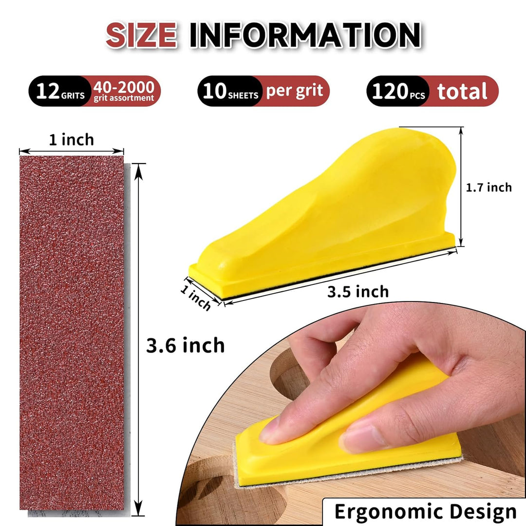 Shineboc 120 Stück Schleifpapier mit 90x30 mm Schleifklotz Set, Mini Schleifwerkzeuge, 40/60/80/100/