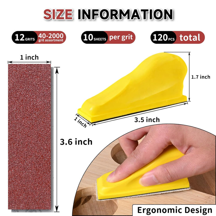 Shineboc 120 Stück Schleifpapier mit 90x30 mm Schleifklotz Set, Mini Schleifwerkzeuge, 40/60/80/100/