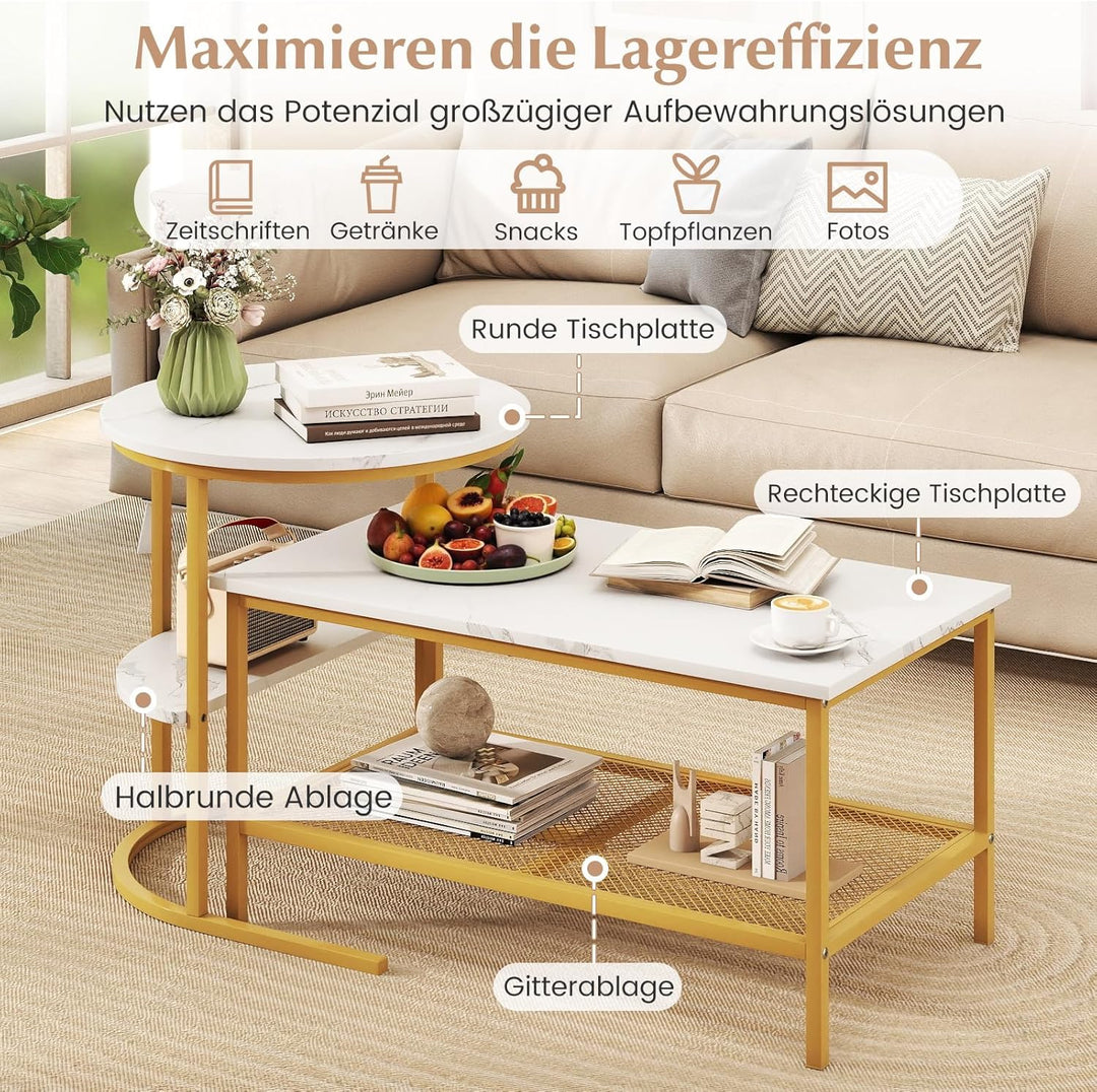 COSTWAY 2er Set Couchtisch, Beistelltisch Marmor Optik mit Metallrahmen & Ablage, Kaffeetisch Wohnzi