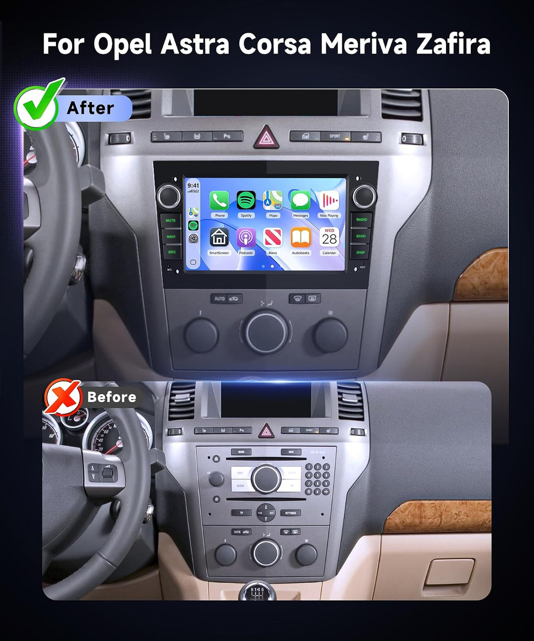 Hodozzy Autoradio für Opel Astra H Corsa D Zafira B Meriva Vivaro Antara | mit Wireless Carplay Andr