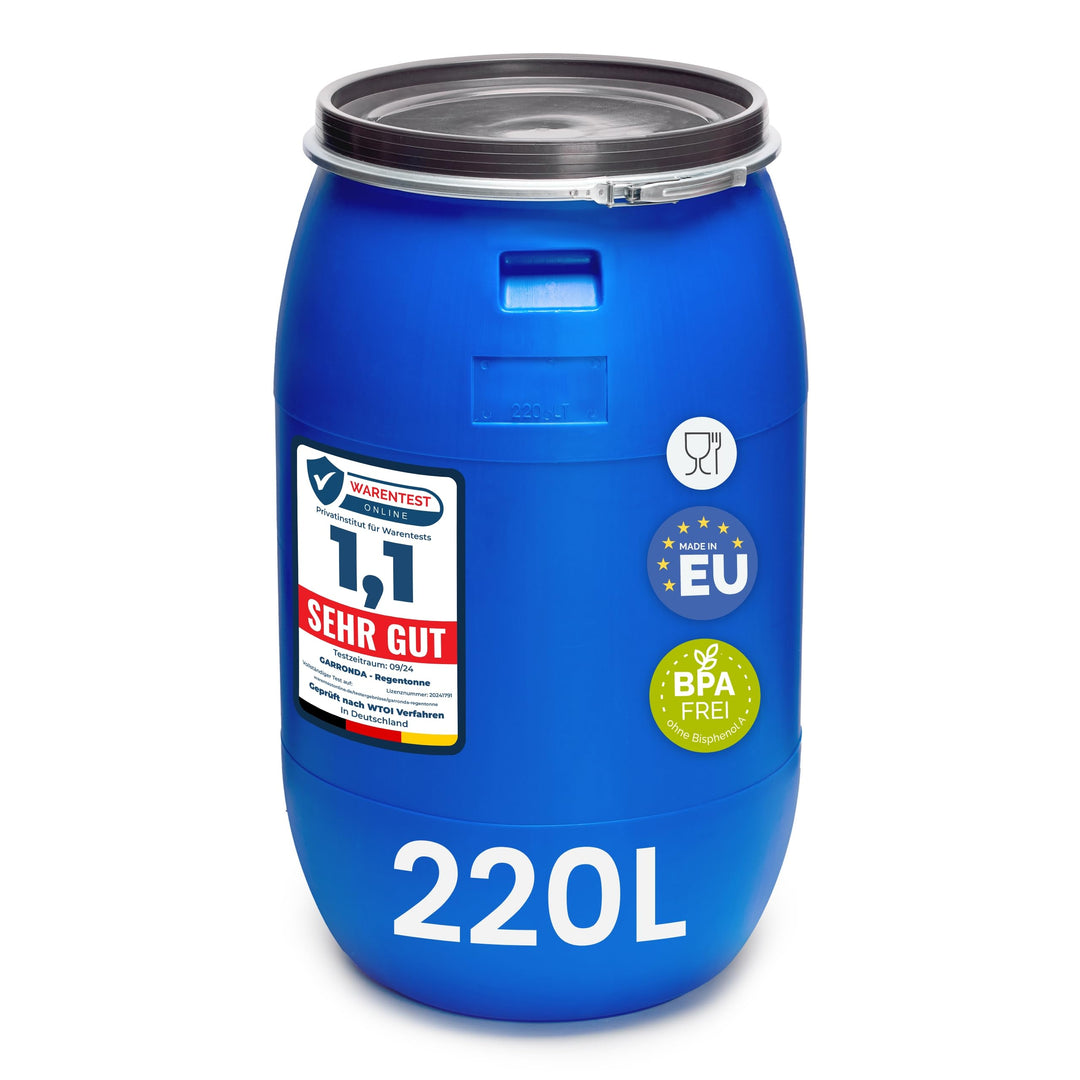 Garronda 220 Liter Regentonne mit Deckel Weithalsfass aus HDPE Regenfass für Garten Fass 220l Regenw