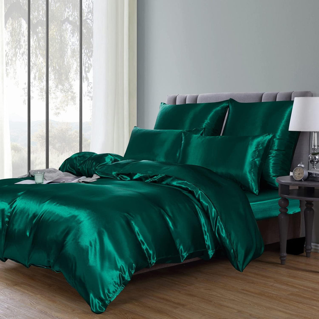 Boqingzhu Satin Bettwäsche 135x200cm Grün Dunkelgrün Uni Einfarbig Glatt Glänzend Luxus Seide Bettwä