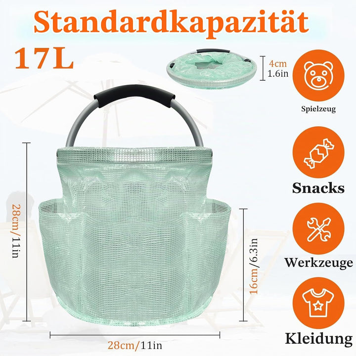 17L Einkaufskorb Faltbar, Strandtasche mit Henkel und 6 Taschen, Tragbarer Putzmittel Organizer aus