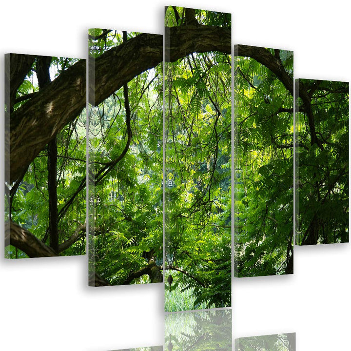 Feeby Wandbild XXL 5 Teilig Landschaft Leinwandbild Wald Bäume Blätter grün 300x140 cm Leinwandbild