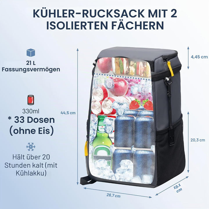 SPARTER Rucksack Kühler Isoliert Auslaufsicher 30/45 Dosen 2 Isolierte Fächer Thermotasche Tragbar L