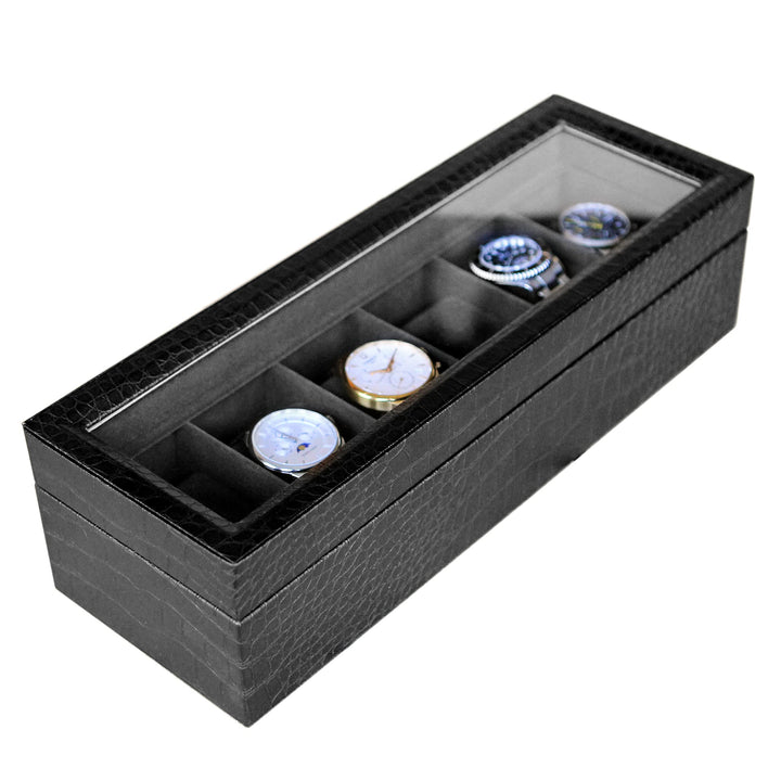 CASE ELEGANCE Uhrenschatulle in Elegantem, Schwarzem, Kunst-Krokodilleder mit Echtem Glas Gator, Gat