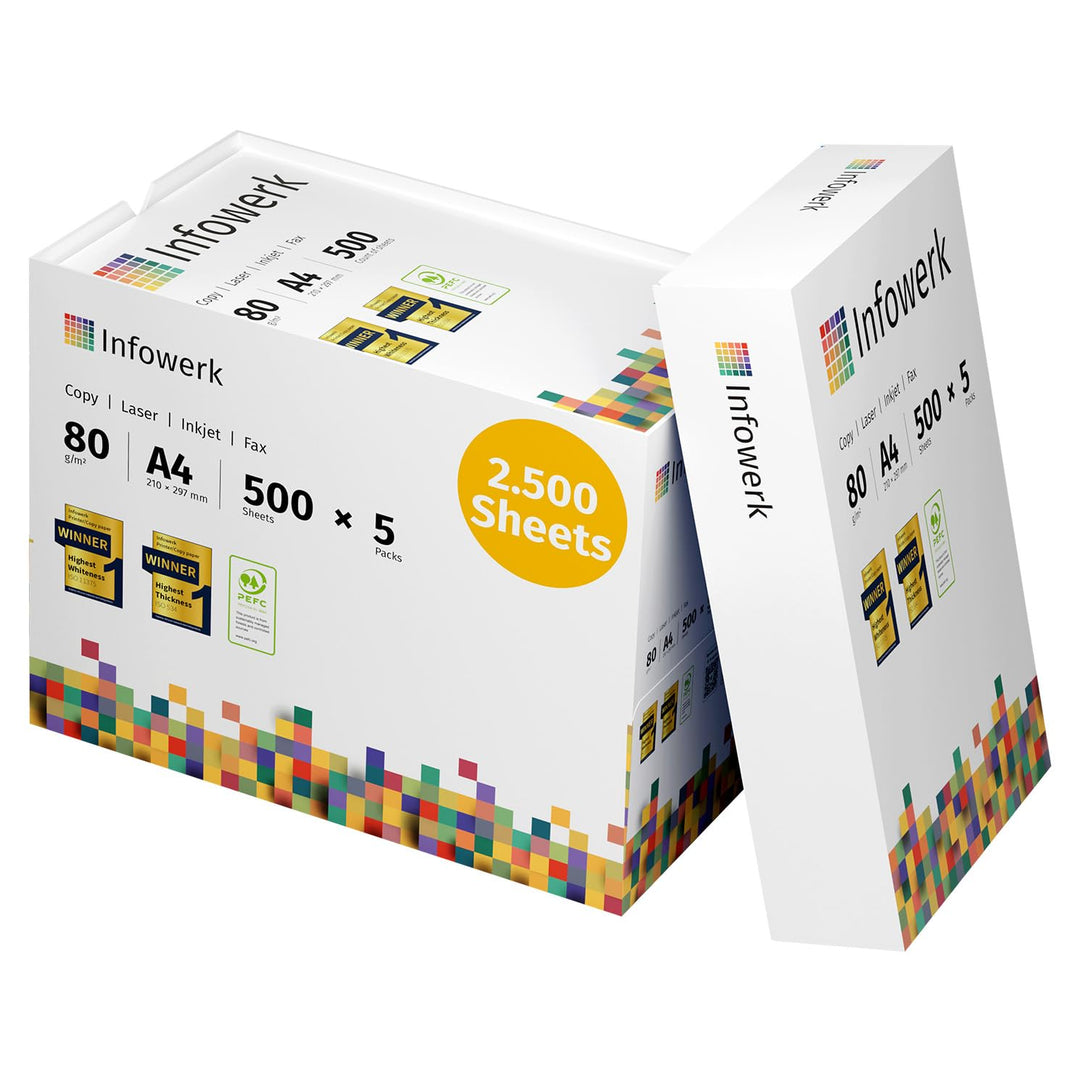 Infowerk Druckerpapier Kopierpapier 2500 Blatt 5 x 500 A4 80g Premium Weiss Testsieger PEFC
