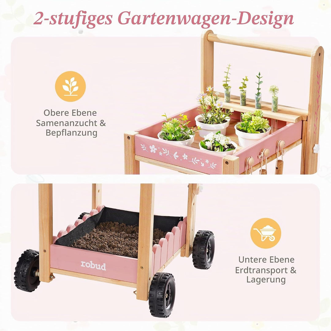 ROBUD Gartenwerkzeug Kinder mit Holzwagen, Gartenset mit Giesskanne, Schaufel, Handrechen, Pflanztöp