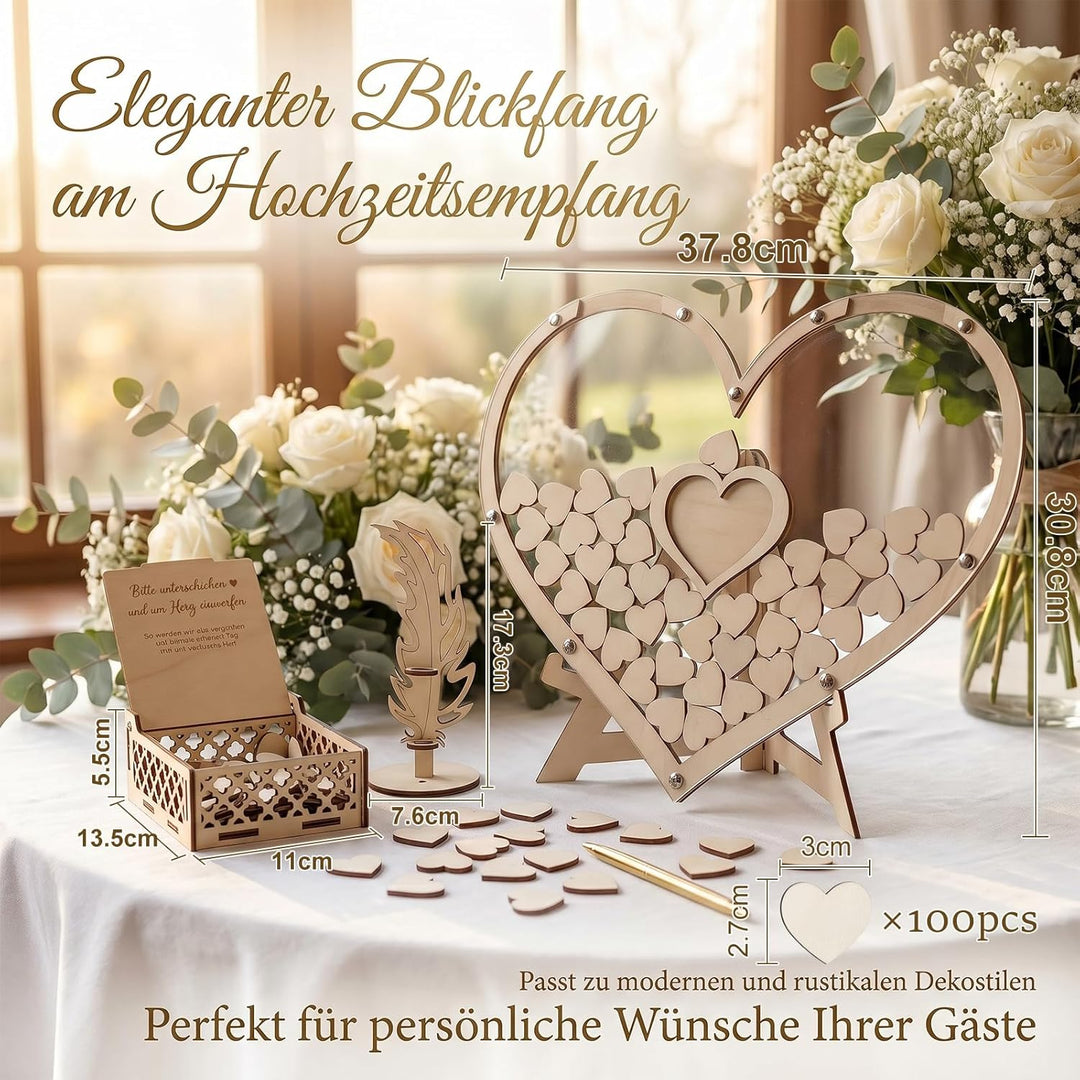 Gästebuch Hochzeit Holz, Herzform Hochzeitsgästebuch mit 100 Holzherzen, Fotorahmen &amp; Aufbewahrungsb