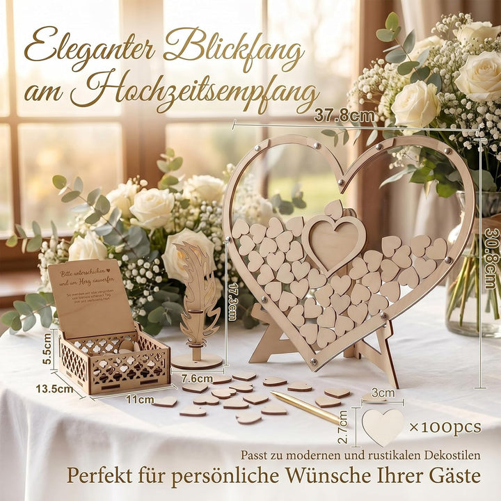 Gästebuch Hochzeit Holz, Herzform Hochzeitsgästebuch mit 100 Holzherzen, Fotorahmen &amp; Aufbewahrungsb
