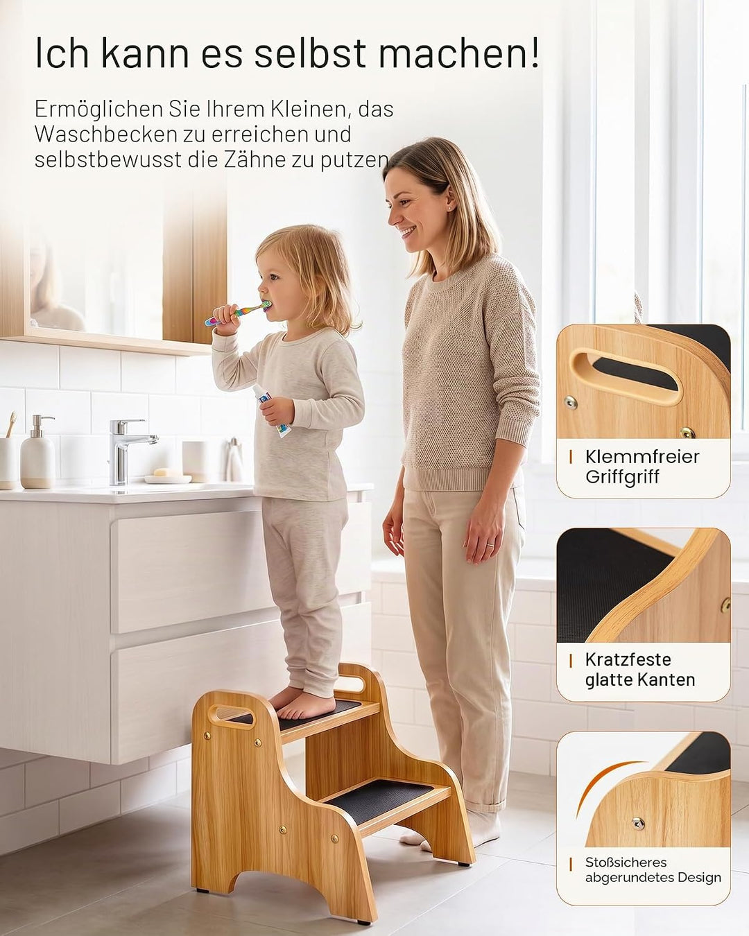 StrongTek Wood 2 Tritthocker für Kinder mit Rutschfester Trittfläche, tragbaren Griffen, rutschfeste