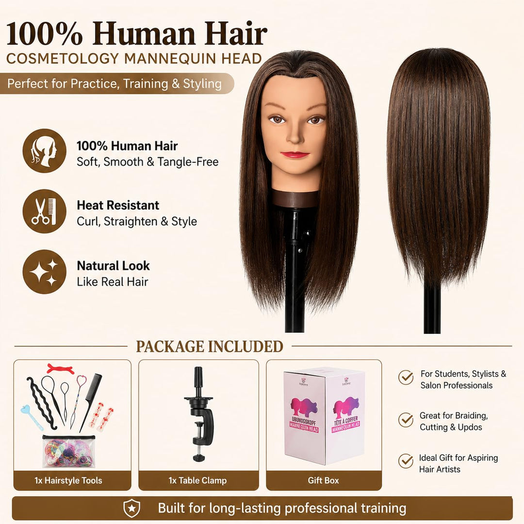 Mannequinkopf mit 100% menschlichem Haar, Echthaar Kosmetologie Mannequinkopf Haar Styling Friseurpr