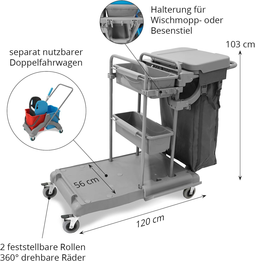 Hypafol Putzwagen Reinigungswagen Set | 2 x 18 l Eimer mit Wischmopp-Presse | Kehrgarnitur mit lange
