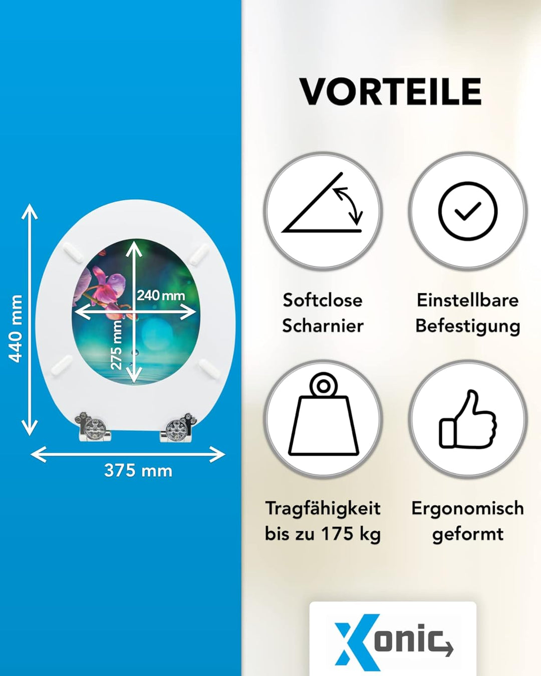 Xonic Design WC-Sitz - Premium Klo-Deckel - Toilettensitz mit Absenkautomatik - hochwertige Klobrill
