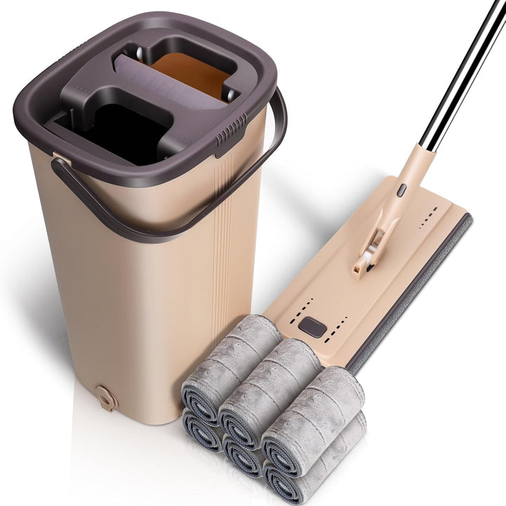 MASTERTOP Wischmopp Set mit Eimer, 138cm Flachmopp mit Edelstahlgriff und 6 Mikrofaser Moppkopf, Han