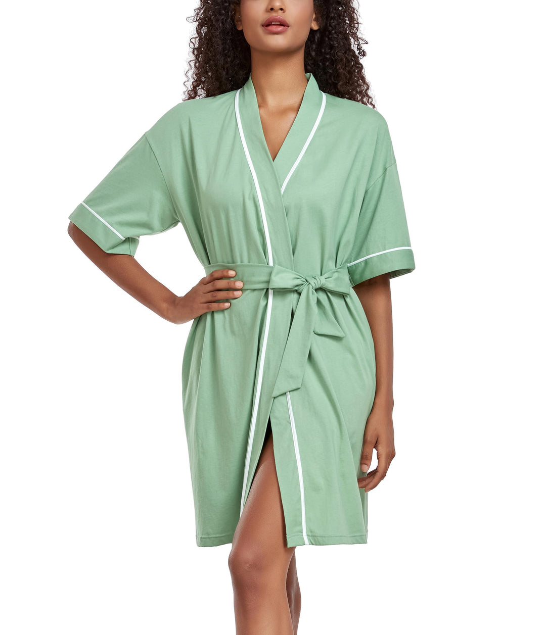 COLORFULLEAF 100% Baumwolle Bademantel Damen Kurz Morgenmantel Leicht Knielang Kimono Saunamantel Na