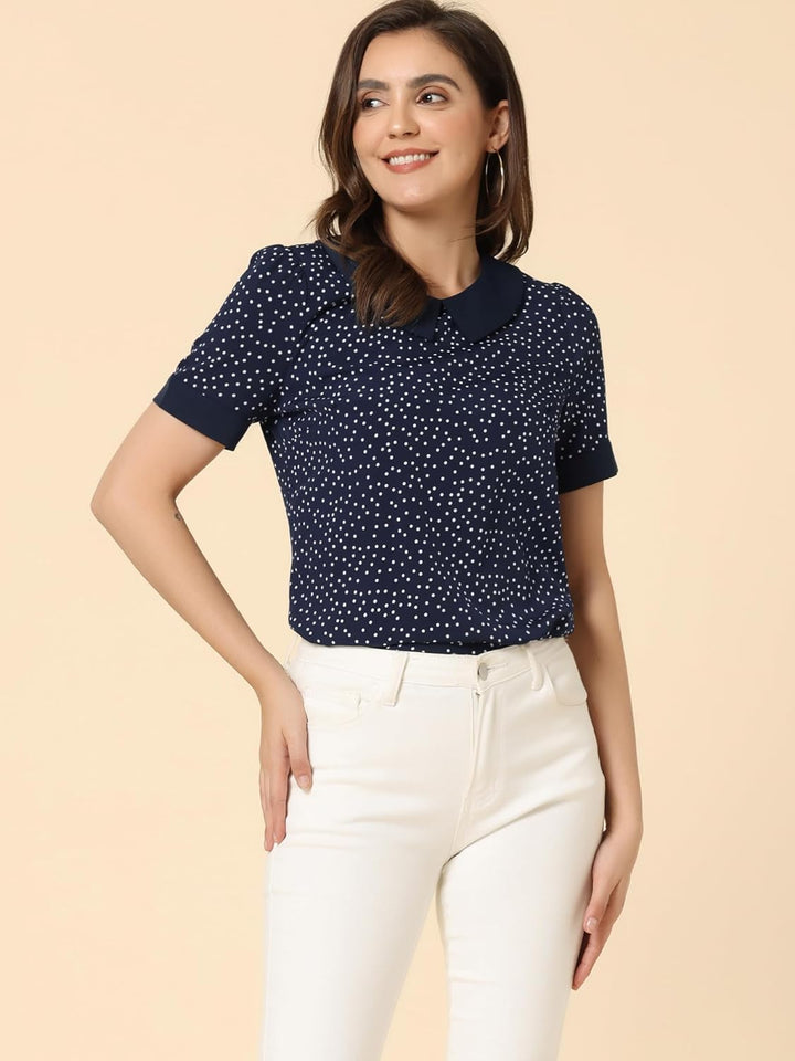 Allegra K Damen Kurzarm Bubikragen Punkte Oberteil Vintage Polka Dots Elegant Top Bluse XL Marinebla