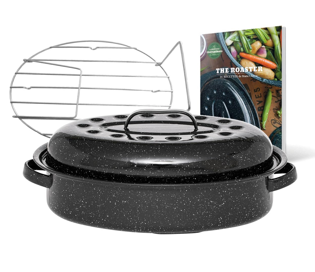 GRANITEWARE - Roaster Bräter aus emailliertem Stahl - Medium - Edelstahlrost + Rezeptbuch