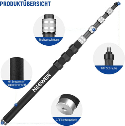 NEEWER Verbesserte Mikrofon Galgenstange, 300cm Teleskop Kohlefaser Mikrofonarm mit 5 Abschnitten, 1