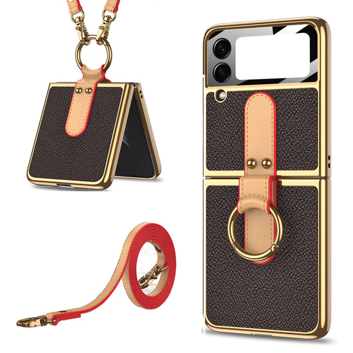 CeeEee Galaxy Z Flip 4 5g Leder Hülle mit Ring und Kleine Bildschirmschutz Schutzhülle Abnehmbarer U