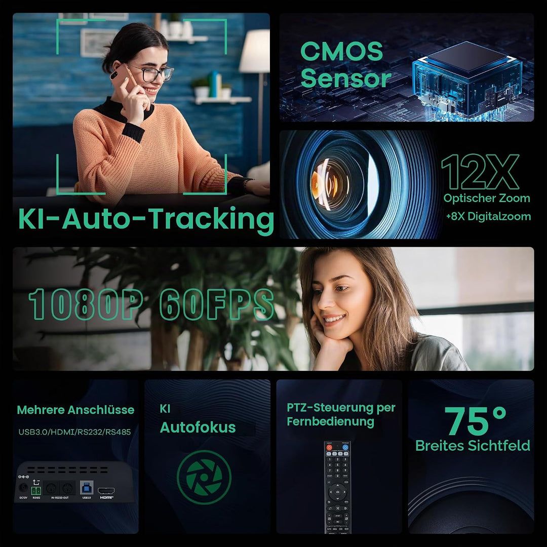 TONGVEO PTZ Konferenzkamera mit KI-Auto-Tracking, 12X optischem Zoom, Weitwinkel, 1080P/60fps (HDMI/
