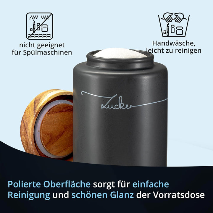 KHG Zucker Aufbewahrung, Zuckerdose Keramik Steingut poliert Anthrazit Grau Holz-Deckel Bambus, Zuck