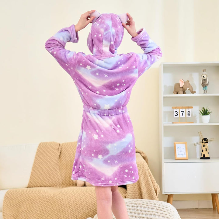 Katzen Bademantel für Mädchen Weiches Fleece Morgenmäntel mit Kapuze und Katzenohren Violette Sterne