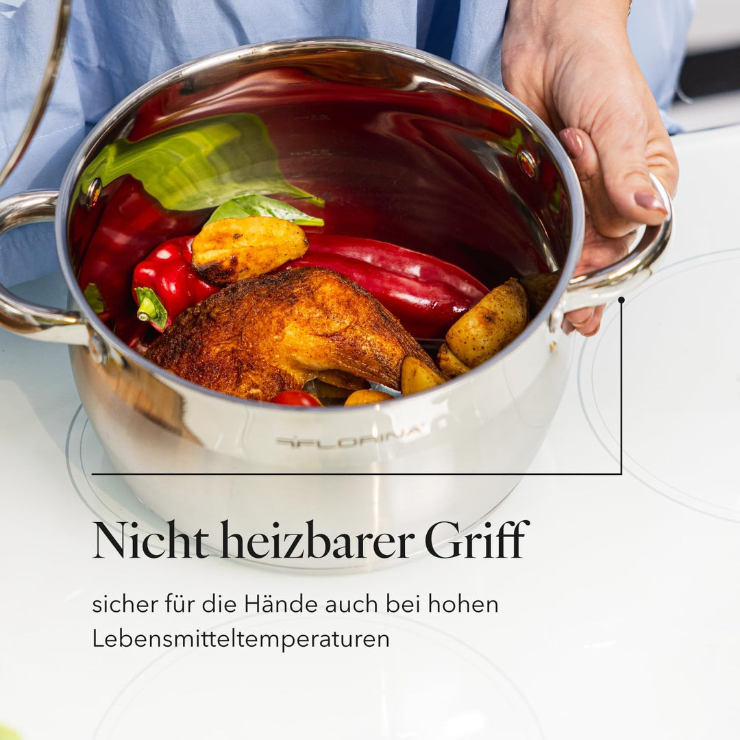 Florina Oliver 22 cm 4,8 L Edelstahltopf mit Glasdeckel | Für Induktion, Gas, Elektro, Ceran | Messs