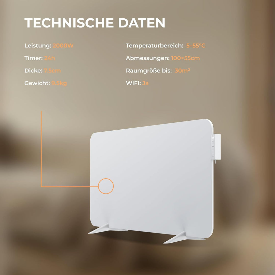 BR Bringer Hybrid Infrarotheizung 2000 Watt mit Konvektion - Smart Thermostat, WIFI & App - für Wand