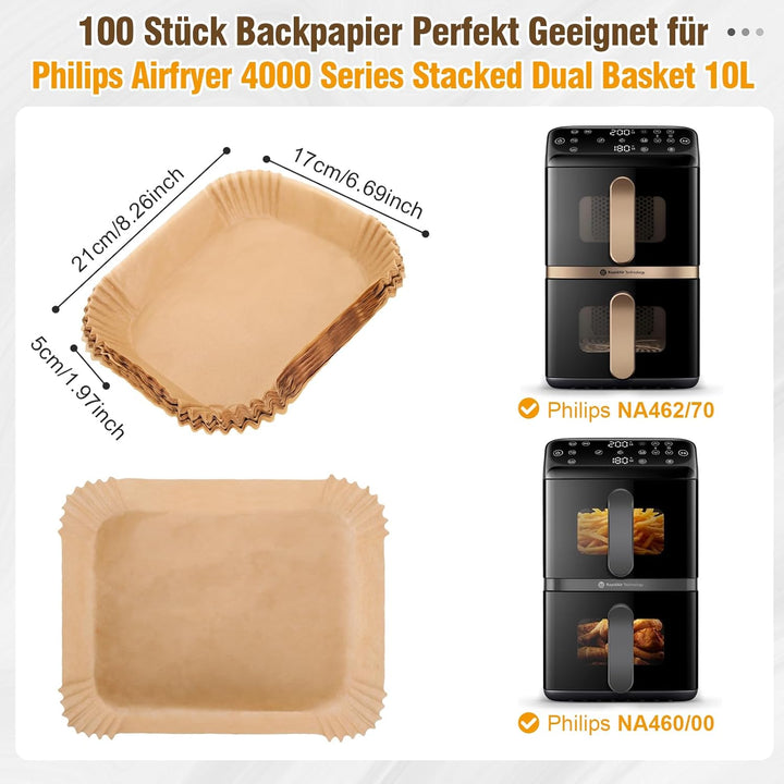 100 Stück Airfryer Backpapier Zubehör für Philips Airfryer 4000 Series Stacked Dual Basket 10L Heiss