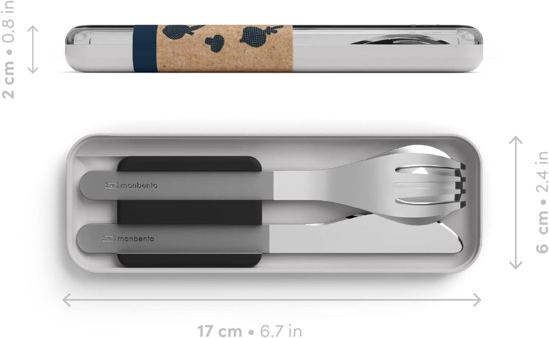 MONBENTO - Besteck zum Mitnehmen mit Etui MB Slim Box Onyx - Tragbares Besteck mit 3 Teilen Messer,