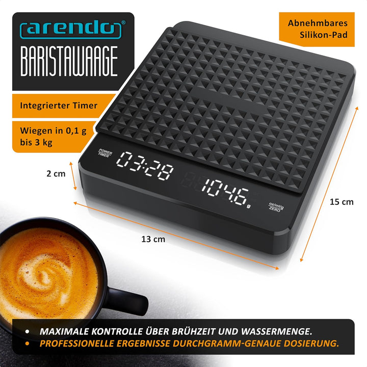 digitale Baristawaage Kaffeewaage – Küchenwaage fein – mit Timer-Funktion – bis zu 3 kg in 0,1 g Auf