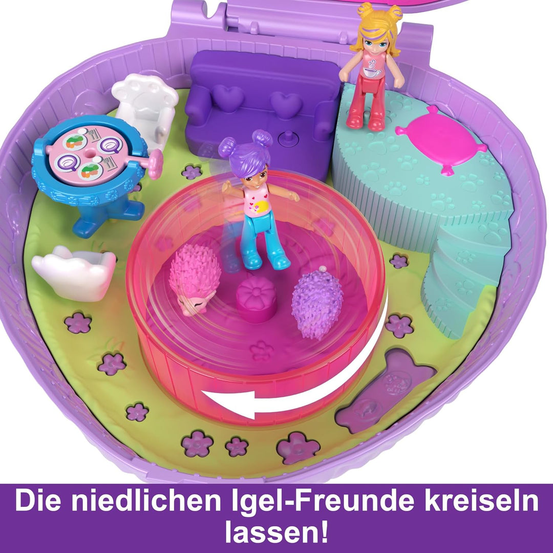 Polly Pocket Igel-Café Schatulle - Spielset mit 2 Puppen, 12 Accessoires und 9 Tieren, drehendes Ige