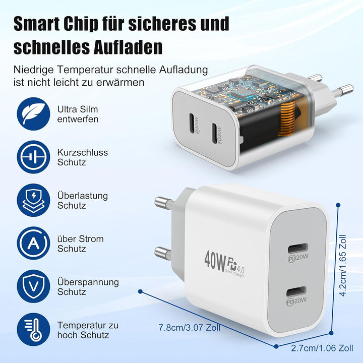 USB C Ladegerät 20W 2-Pack, 2-Port USBC Netzteil Stecker Adapter für iPhone 17/16/16e/16 Plus/16 Pro