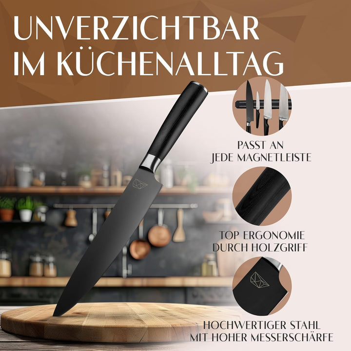 Glavory - Küchenmesser mit schwarzer Klinge und Holzgriff - 20cm Klinge - Kochmesser mit extrem scha
