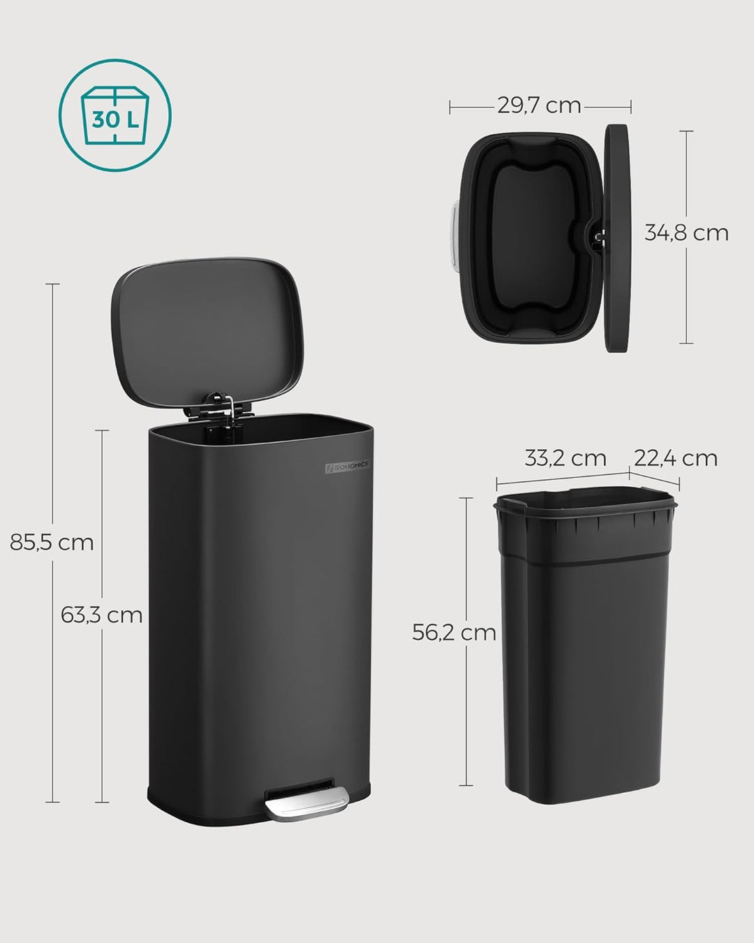 SONGMICS Mülleimer Küche, 30 Liter, Abfalleimer, Tretmülleimer, Küchenmülleimer mit Softclose-Deckel